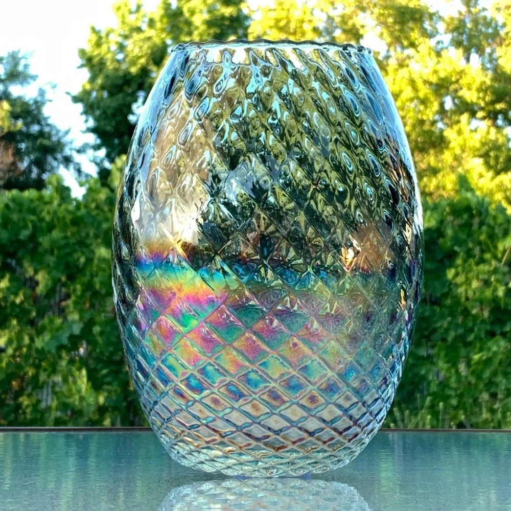 Spanish Iridescent Embossed Diamond Pattern Recycled Glass Large Table Vase